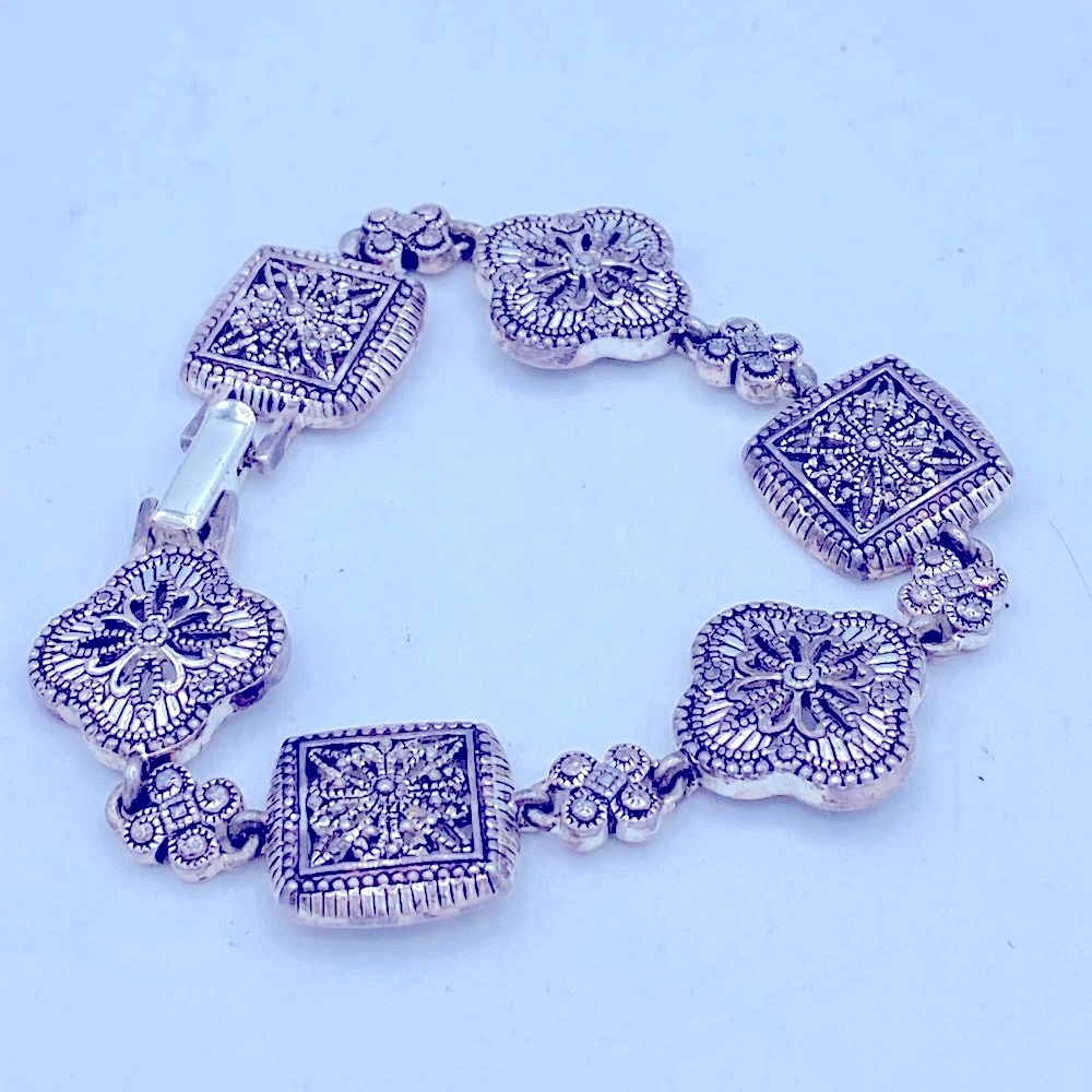 Vintage Napier Antique Silver Tone Geometric Textured Shapes Link Bracelet 6 1/2